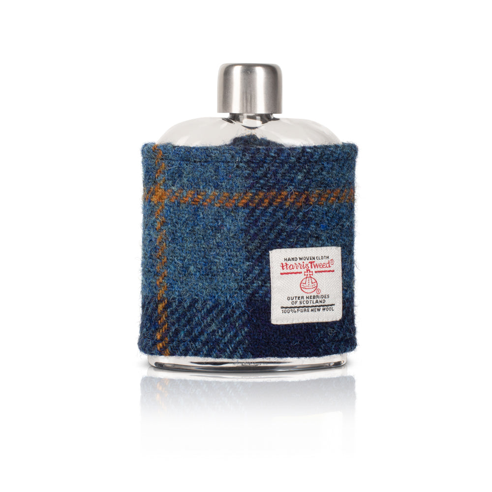 Glass Hipflask Wrapped in Navy Blue Harris Tweed®