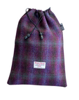 Golf shoe bag with drawstring closure in purple check pattern Harris Tweed®