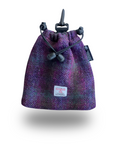 Golf Tee Bag with drawstring closure and hook attachment in purple check Harris Tweed®