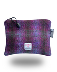 Valuables pouch with zip closure and pull tab in purple check pattern Harris Tweed®