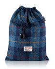 Golf Shoe Bag in Navy Blue Tartan Harris Tweed