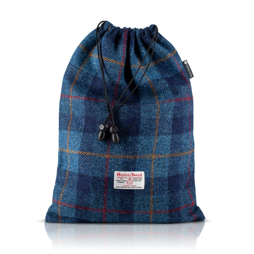 Golf Shoe Bag in Navy Blue Tartan Harris Tweed