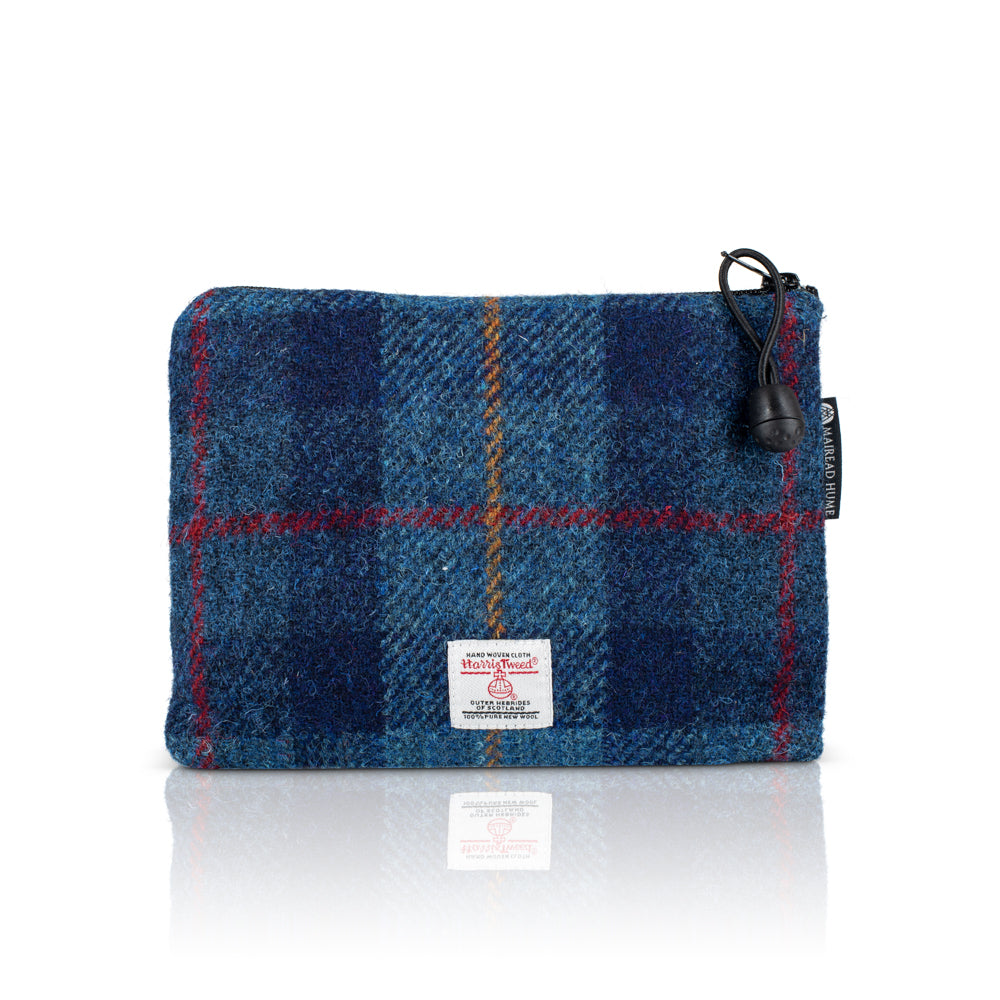 Valuables Pouch with Zip in Navy Blue Tartan Harris Tweed®